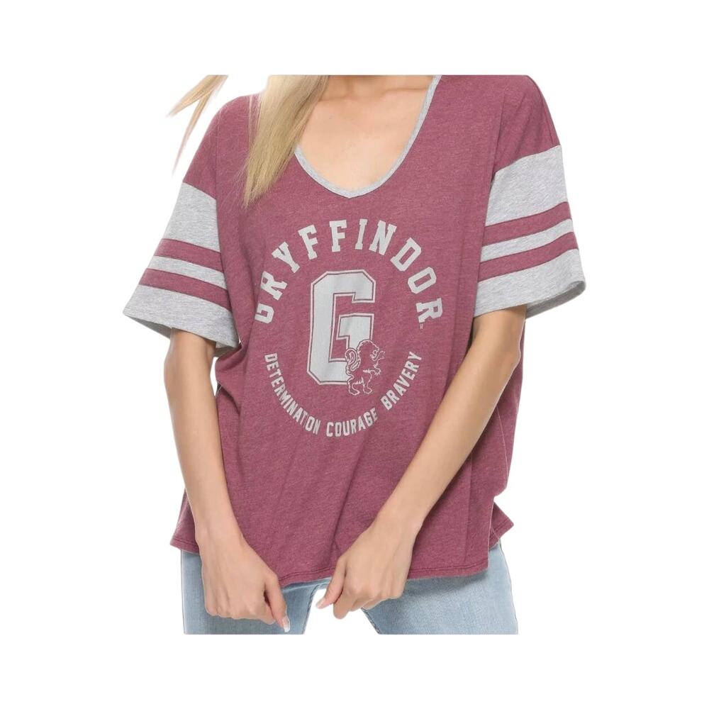 Harry Potter Gryfindor maroon gray v-neck tee women's short sleeve t-shirt SZ LG